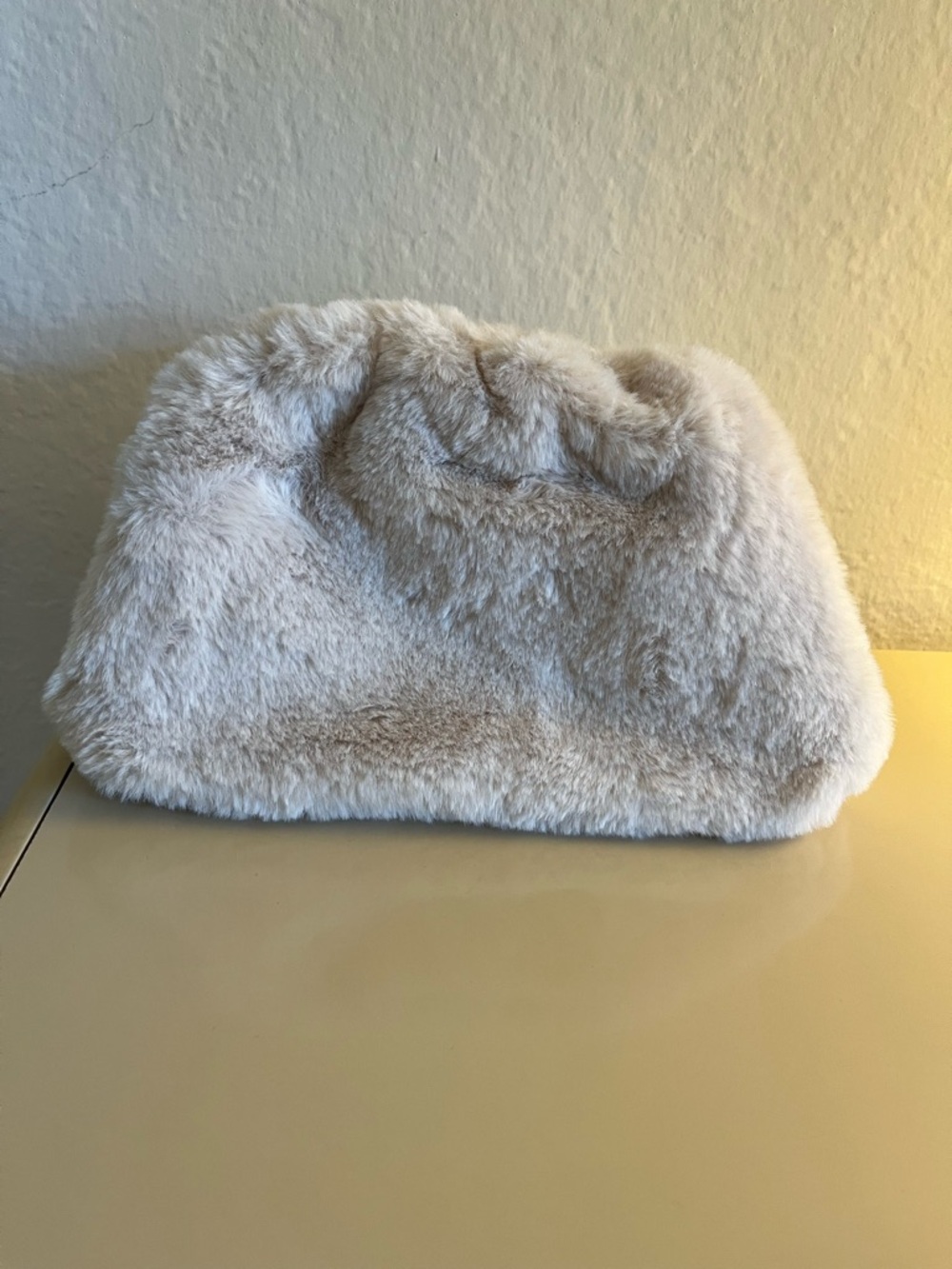 Anthropologie Cozy Faux Fur Wristlet Clutch in Light Beige